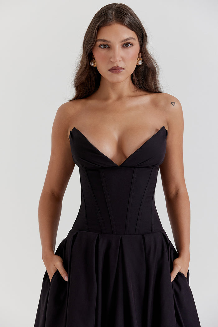 Noir Corset Elegance Midi Elbise
