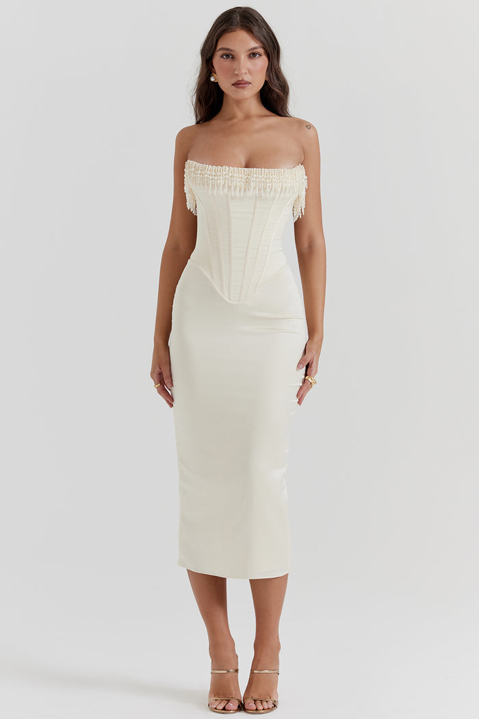 Pearl Fringe Muse Midi Elbise