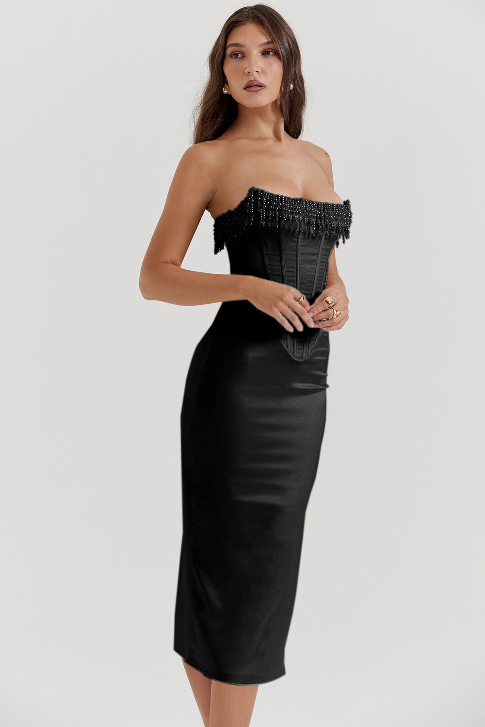 Pearl Fringe Muse Midi Elbise