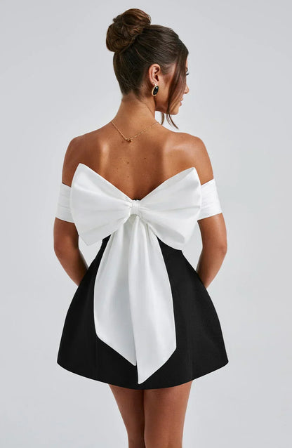 Satin Bow Noir Mini Elbise