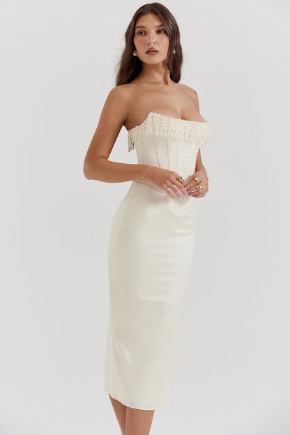 Pearl Fringe Muse Midi Elbise